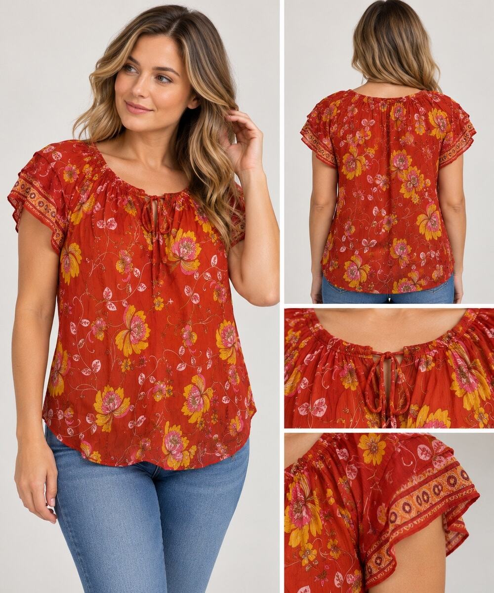Rose & Olive Women’s XL Red Floral Boho Peasant Blouse Flutter Sleeve Tie Neck